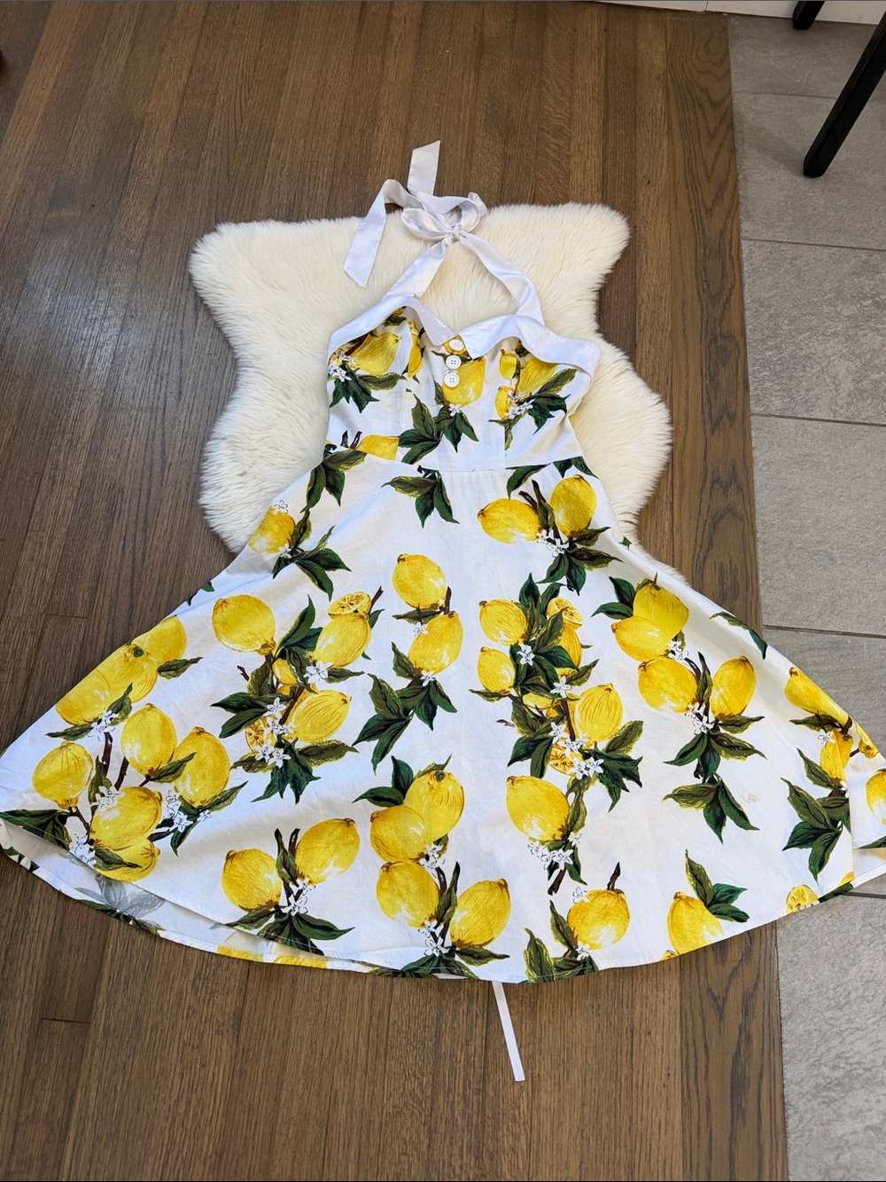 White Lemon Print Halter summer Dress